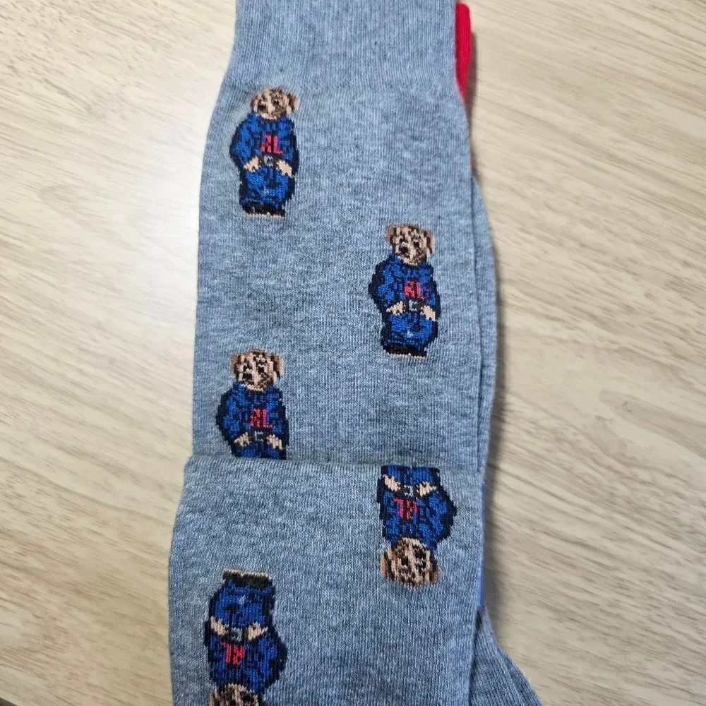 Polo Ralph Lauren Bear USA Socks 2-Pack AOP Striped Large L 10-13 Grey Navy Pony - Picture 3 of 8